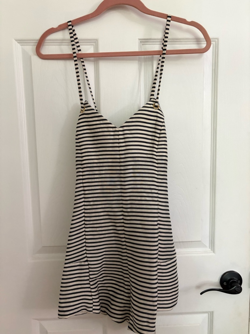 NBD sz M Navy & White Striped thin Strap Romper gold accents & crisscrossed back
